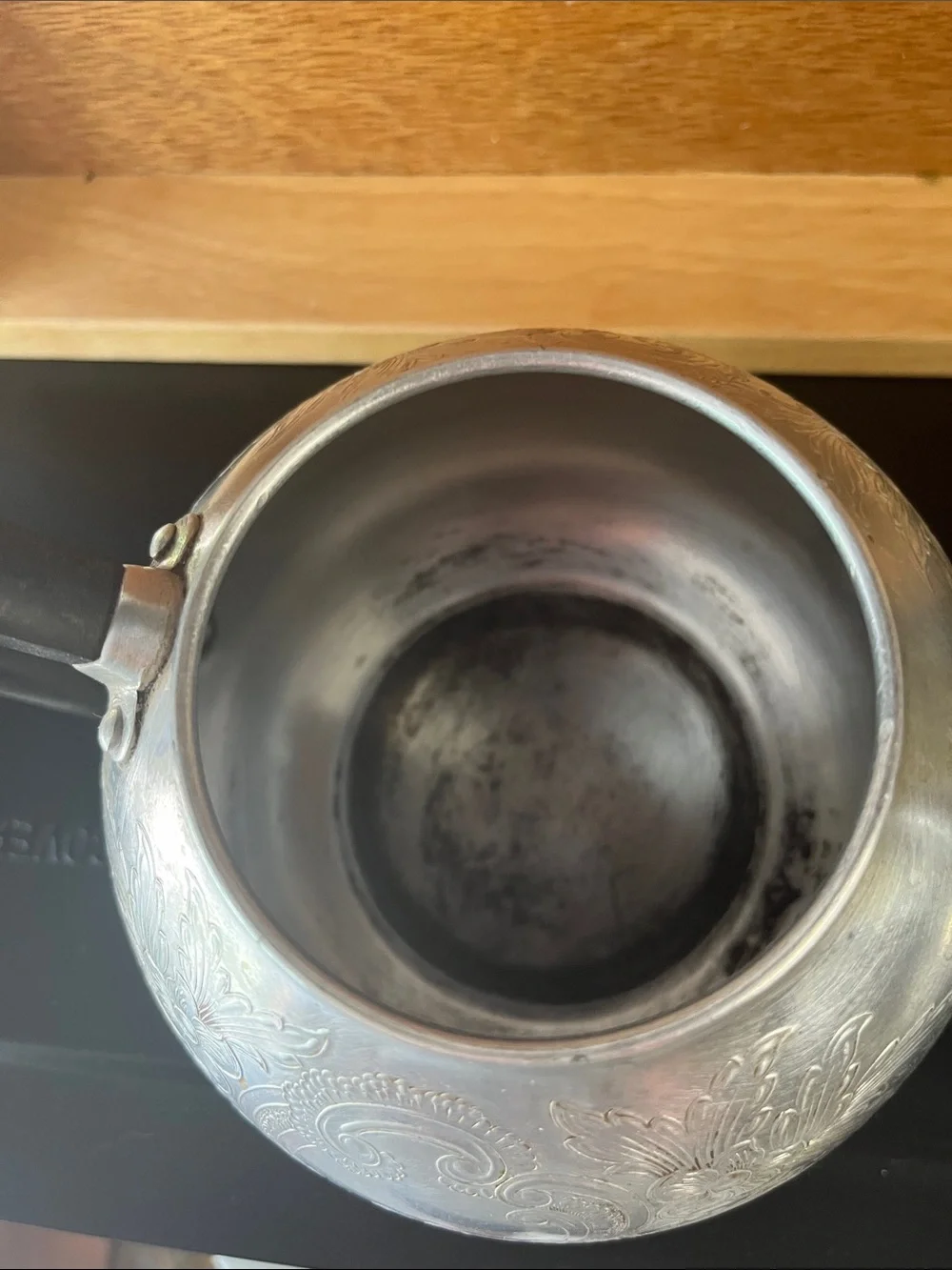Embossed Silver Teapot with Black Handle - Decorative Serving Teapot
